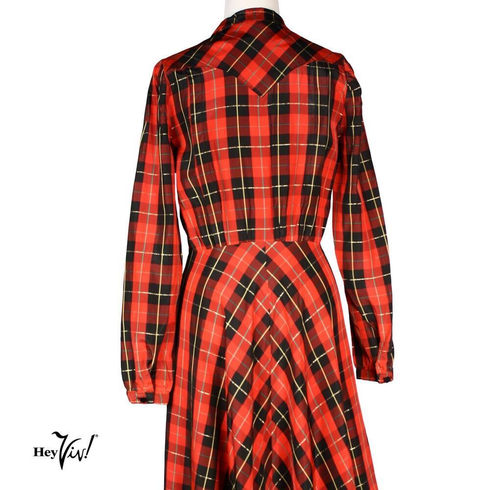 Vintage Red Plaid Shirt Dress Tartan Fit & Flare Long Sleeve B36 W28 - Hey Viv - Picture 4 of 9